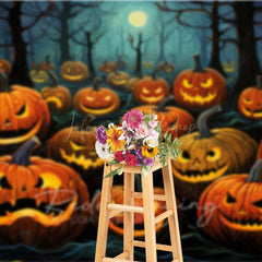 Lofaris Jack O’ Lantern Forest Photography Backdrop Spooky Carved Pumpkins in the Woods Dark Halloween Night Photo Prop