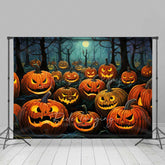 Lofaris Jack O’ Lantern Forest Photography Backdrop Spooky Carved Pumpkins in the Woods Dark Halloween Night Photo Prop