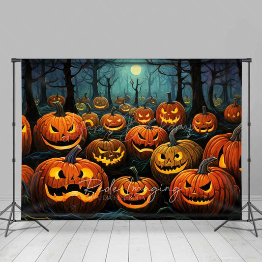 Lofaris Jack O’ Lantern Forest Photography Backdrop Spooky Carved Pumpkins in the Woods Dark Halloween Night Photo Prop