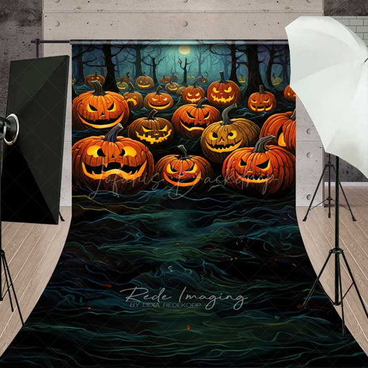 Lofaris Jack O’ Lantern Forest Sweep Photography Backdrop with Floor Spooky Carved Pumpkins Dark Halloween Night Photo Prop