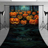 Lofaris Jack O’ Lantern Forest Sweep Photography Backdrop with Floor Spooky Carved Pumpkins Dark Halloween Night Photo Prop