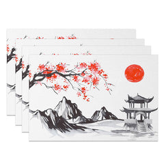 Lofaris Japanese Ink Painting Placemats Set of 4 with Red Sun and Mountain for Zen Asian Inspired Decor