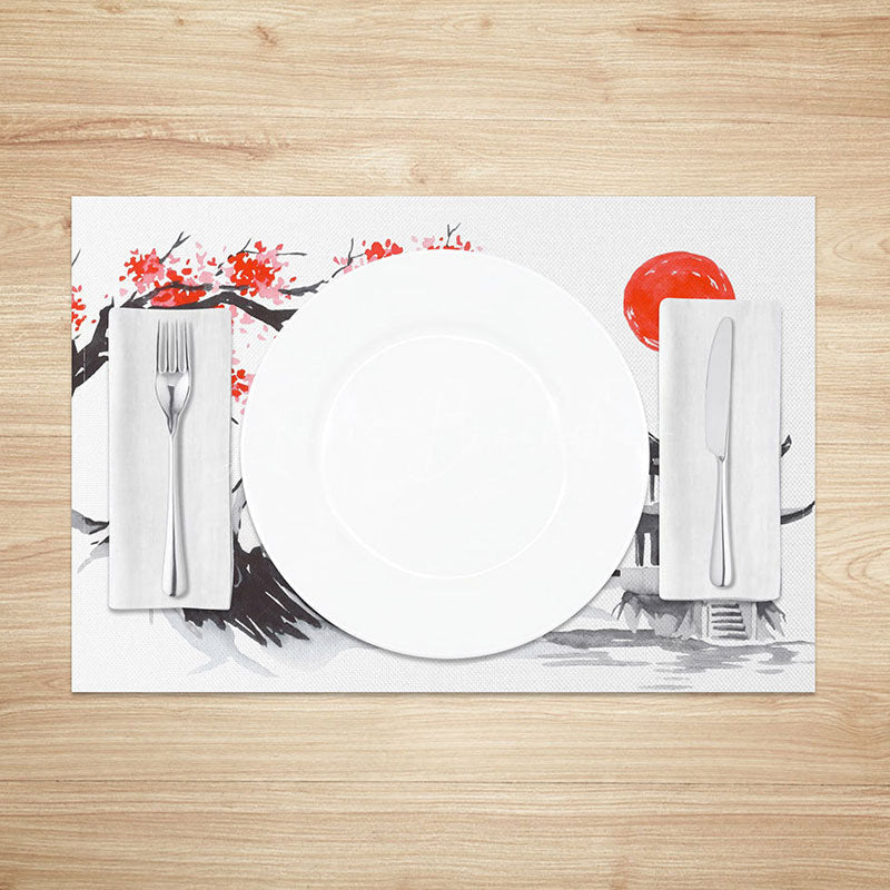 Lofaris Japanese Ink Painting Placemats Set of 4 with Red Sun and Mountain for Zen Asian Inspired Decor