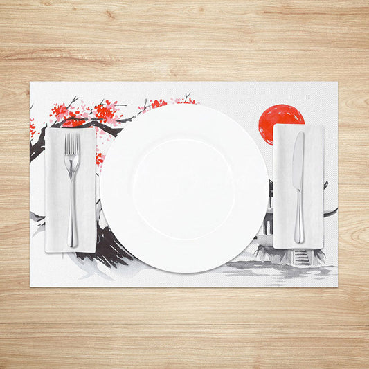 Lofaris Japanese Ink Painting Placemats Set of 4 with Red Sun and Mountain for Zen Asian Inspired Decor