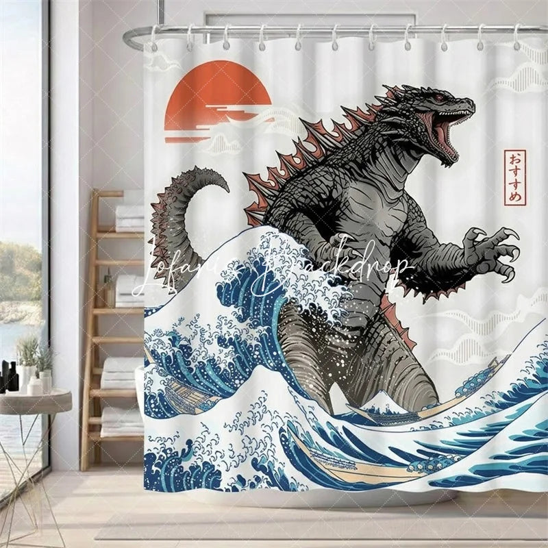 Lofaris Japanese Kaiju Monster Shower Curtain Great Wave Ocean Art Red Sun and Fuji Bathroom Decor