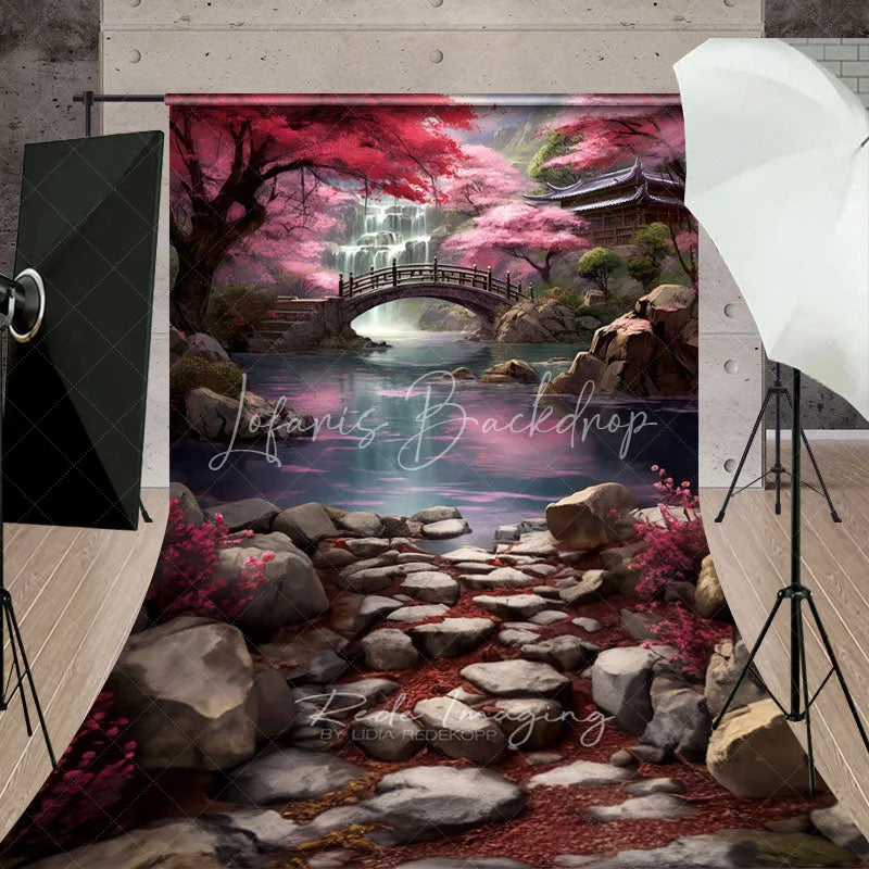 Lofaris Japanese Spring Cherry Blossom Waterfall Backdrop Wooden Bridge Rocky River Landscape Photography Background
