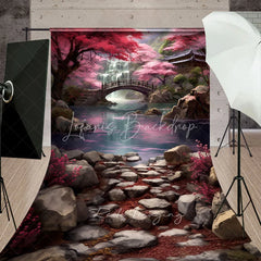 Lofaris Japanese Spring Cherry Blossom Waterfall Backdrop Wooden Bridge Rocky River Landscape Photography Background