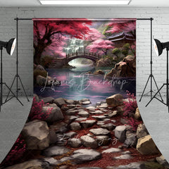 Lofaris Japanese Spring Cherry Blossom Waterfall Backdrop Wooden Bridge Rocky River Landscape Photography Background