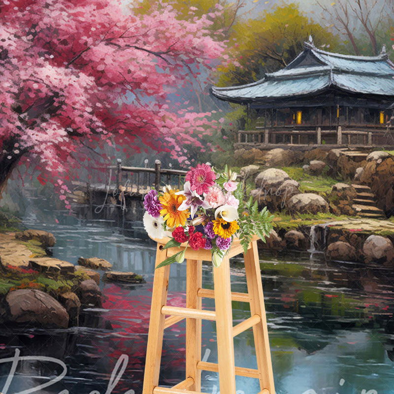 Lofaris Japanese Spring Garden Lake Cabin Photo Backdrop