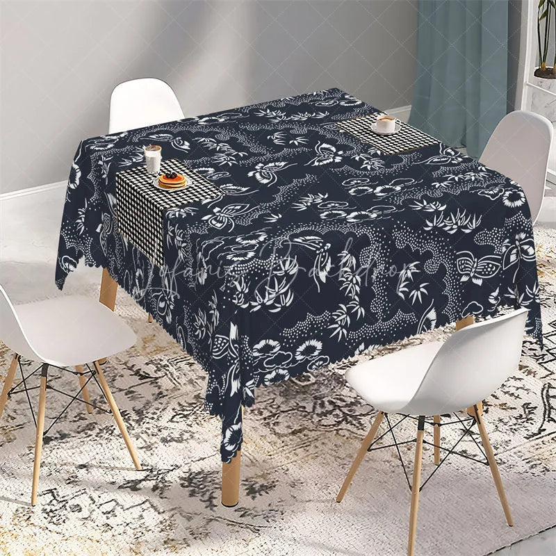 Lofaris Japanese Style White Butterfly and Bamboo Rectangle Tablecloth Navy Blue Oriental Pattern Table Cover
