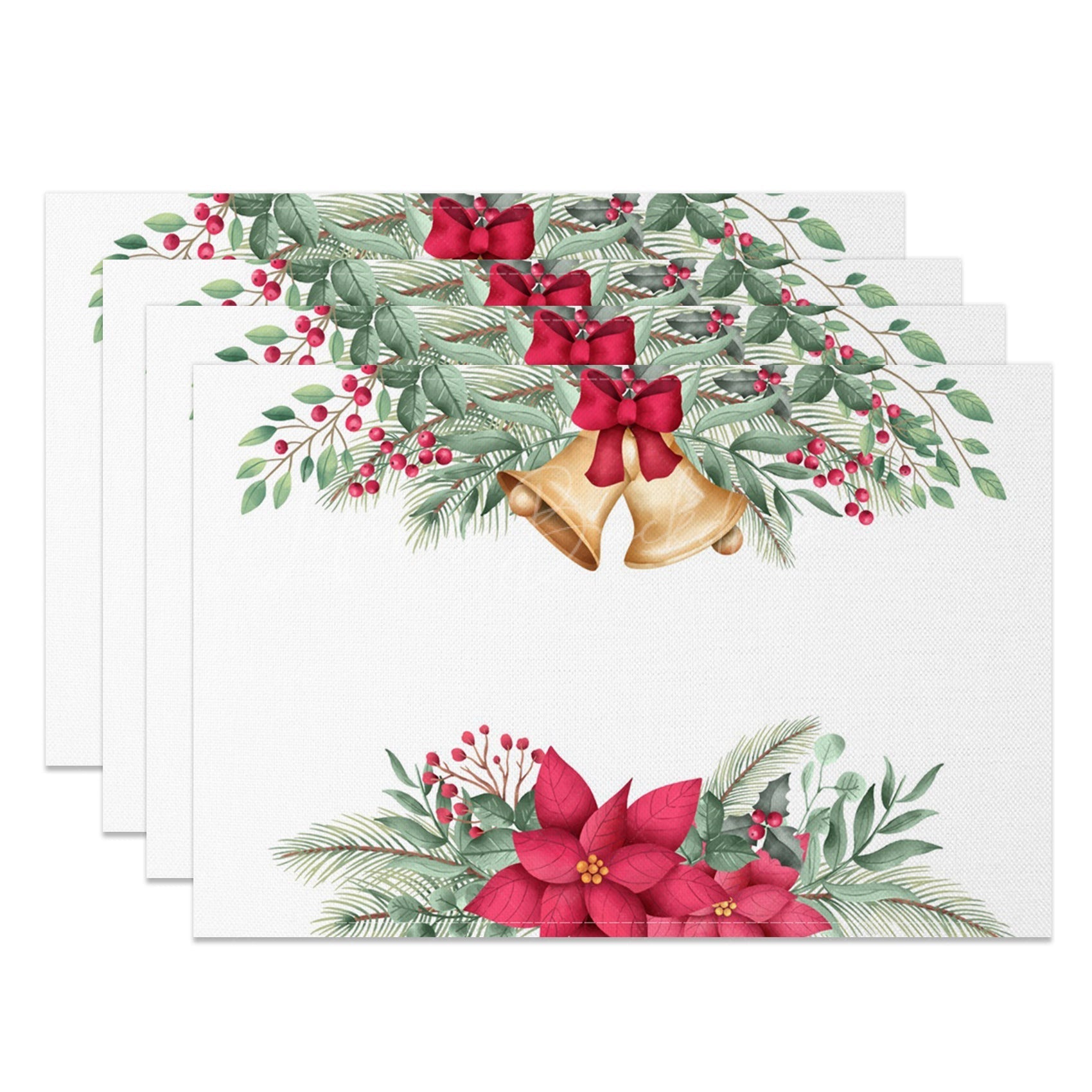 Lofaris Jingle Bell Cherry Poinsettia Xmas Set Of 4 Placemats