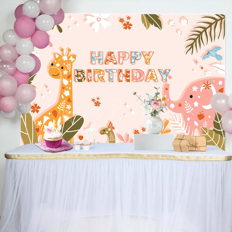 Lofaris Jungle Leaf Animals Floral Happy Birthday Backdrop