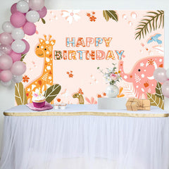 Lofaris Jungle Leaf Animals Floral Happy Birthday Backdrop