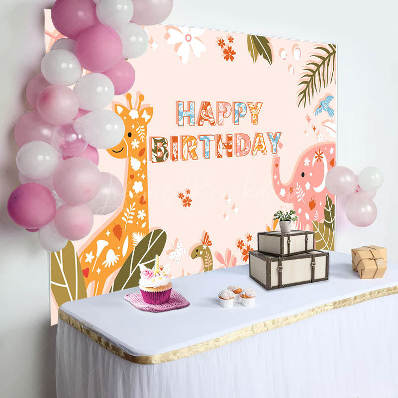 Lofaris Jungle Leaf Animals Floral Happy Birthday Backdrop