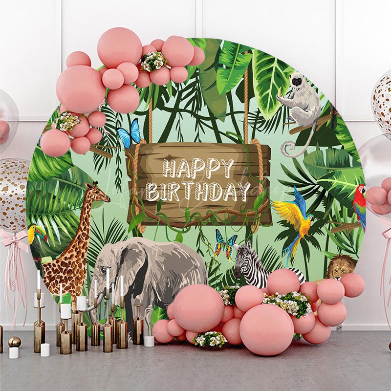 Lofaris Jungle Safari Happy Birthday Round Backdrop Wild Animals with Tropical Leaves Zoo Themed Party Photo Prop