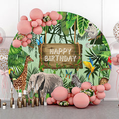 Lofaris Jungle Safari Happy Birthday Round Backdrop Wild Animals with Tropical Leaves Zoo Themed Party Photo Prop