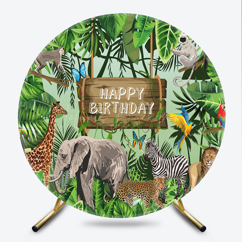 Lofaris Jungle Safari Happy Birthday Round Backdrop Wild Animals with Tropical Leaves Zoo Themed Party Photo Prop