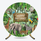 Lofaris Jungle Safari Happy Birthday Round Backdrop Wild Animals with Tropical Leaves Zoo Themed Party Photo Prop
