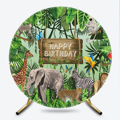 Lofaris Jungle Safari Happy Birthday Round Backdrop Wild Animals with Tropical Leaves Zoo Themed Party Photo Prop