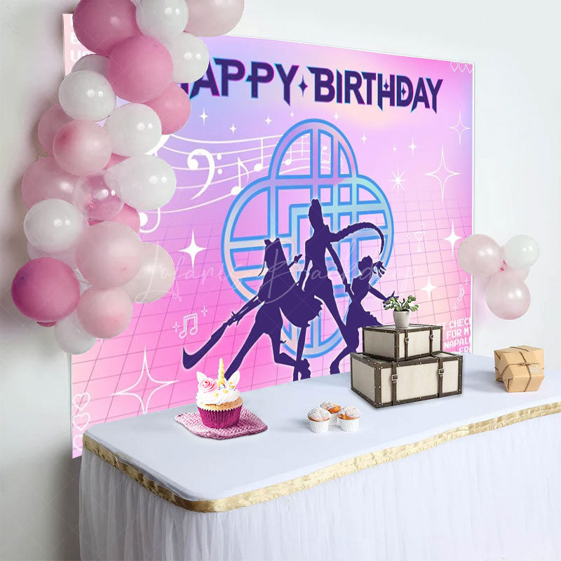 Lofaris K-Pop Girl Group Themed Happy Birthday Backdrop 80s Retro Grid with Music Notes Dance Party Photo Booth Decor
