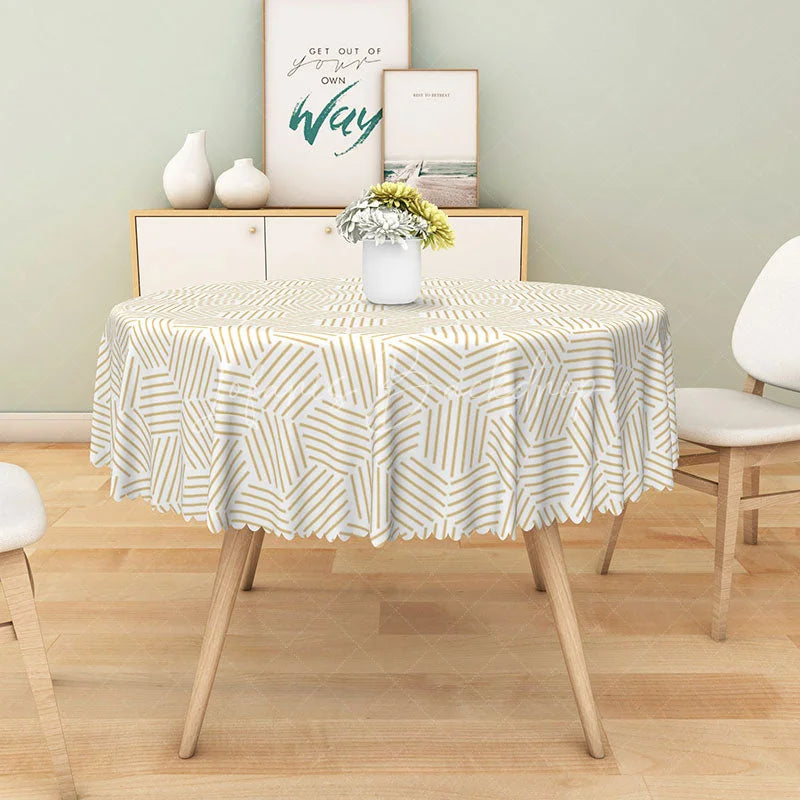 Lofaris Khaki and Brown Geometric Stripe Round Tablecloth for Modern Neutral Earth Tone Dining Room Decor