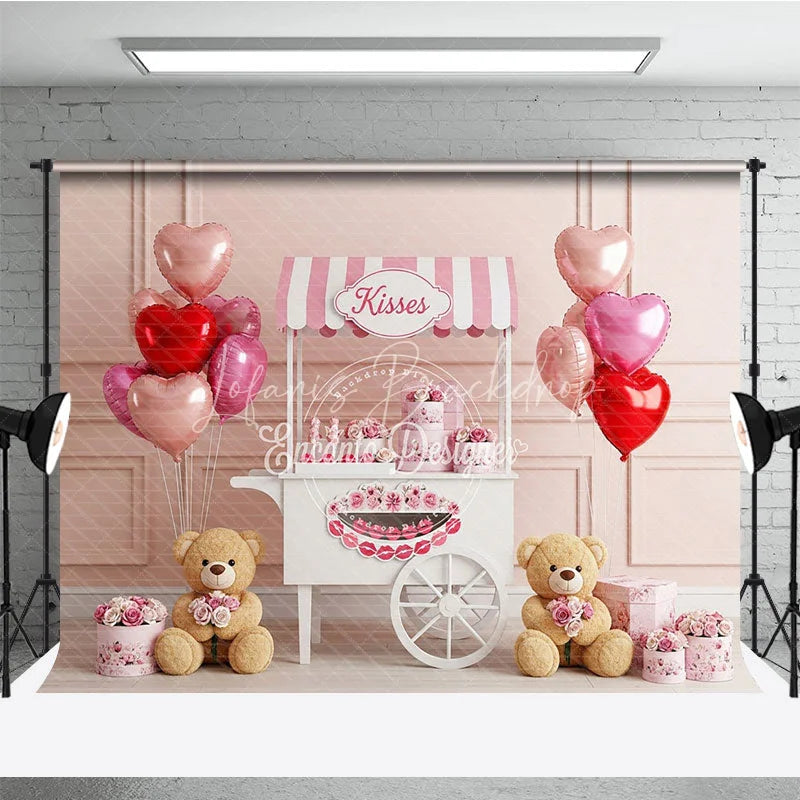 Lofaris Kisses Booth Valentine Day Backdrop Teddy Bear Heart Balloons Pink Cart Background Sweet Photography Decor