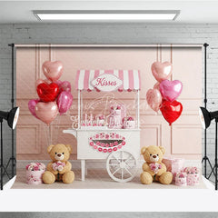Lofaris Kisses Booth Valentine Day Backdrop Teddy Bear Heart Balloons Pink Cart Background Sweet Photography Decor
