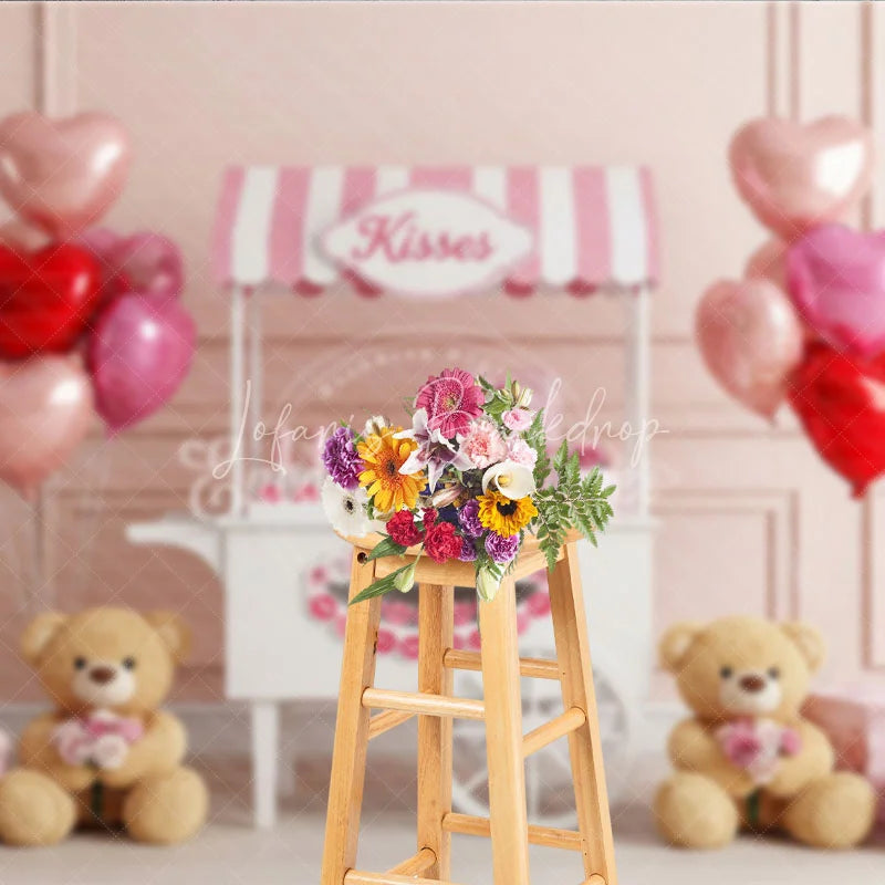 Lofaris Kisses Booth Valentine Day Backdrop Teddy Bear Heart Balloons Pink Cart Background Sweet Photography Decor
