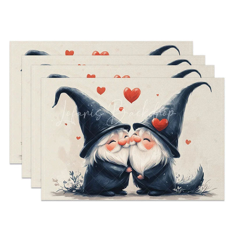 Lofaris Kissing Gnome Couple Set of 4 Placemats Floating Hearts Valentine Decoration Tall Hat Love Table Mat