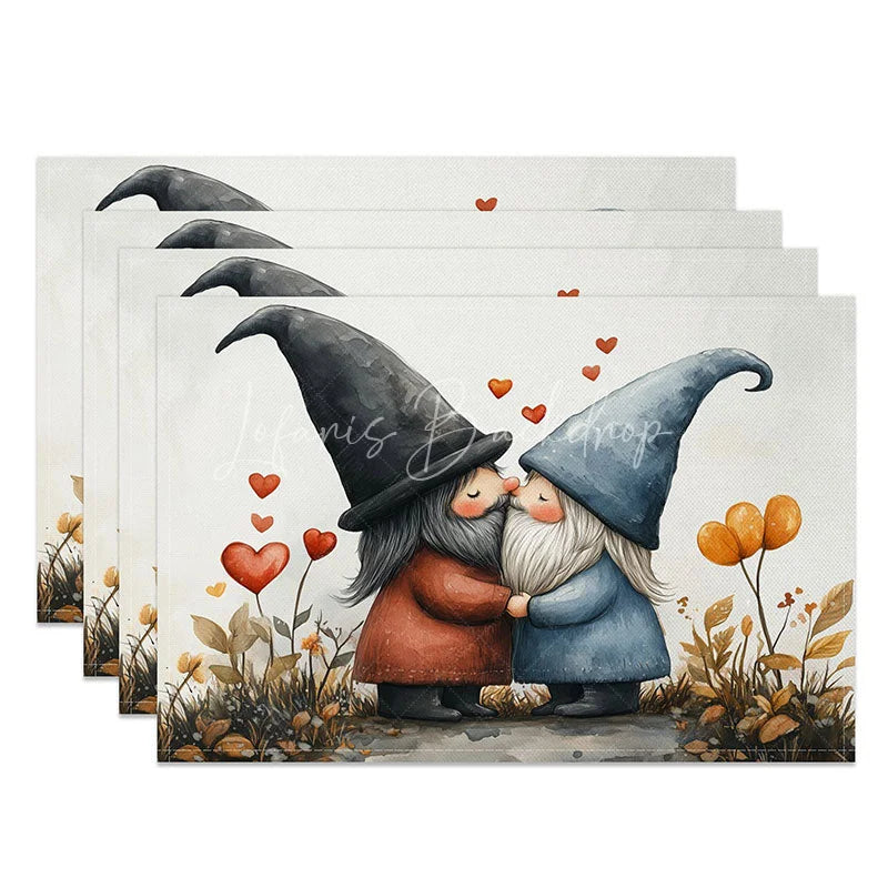 Lofaris Kissing Gnome Tall Hat Set of 4 Placemats Red Heart Valentine Decoration Whimsical Love Dining Table Mat