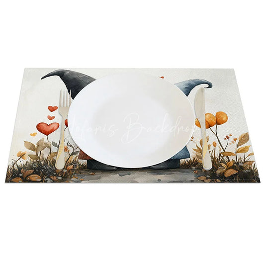 Lofaris Kissing Gnome Tall Hat Set of 4 Placemats Red Heart Valentine Decoration Whimsical Love Dining Table Mat