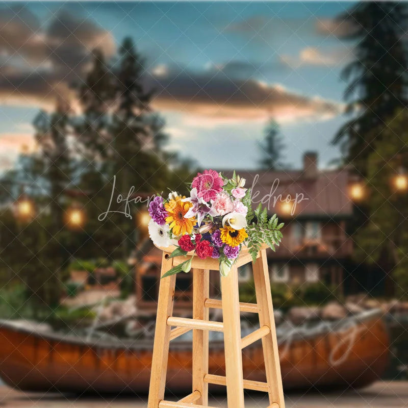 Lofaris Lake Cabin Sunset Backdrop Wooden Canoe and Glowing String Lights Photography Background for Summer Camp