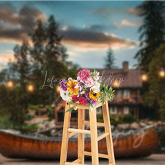 Lofaris Lake Cabin Sunset Backdrop Wooden Canoe and Glowing String Lights Photography Background for Summer Camp
