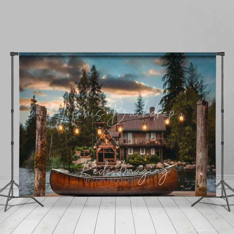 Lofaris Lake Cabin Sunset Backdrop Wooden Canoe and Glowing String Lights Photography Background for Summer Camp