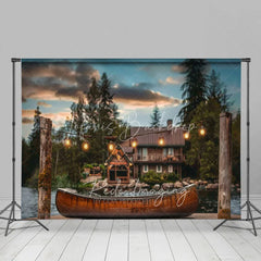 Lofaris Lake Cabin Sunset Backdrop Wooden Canoe and Glowing String Lights Photography Background for Summer Camp