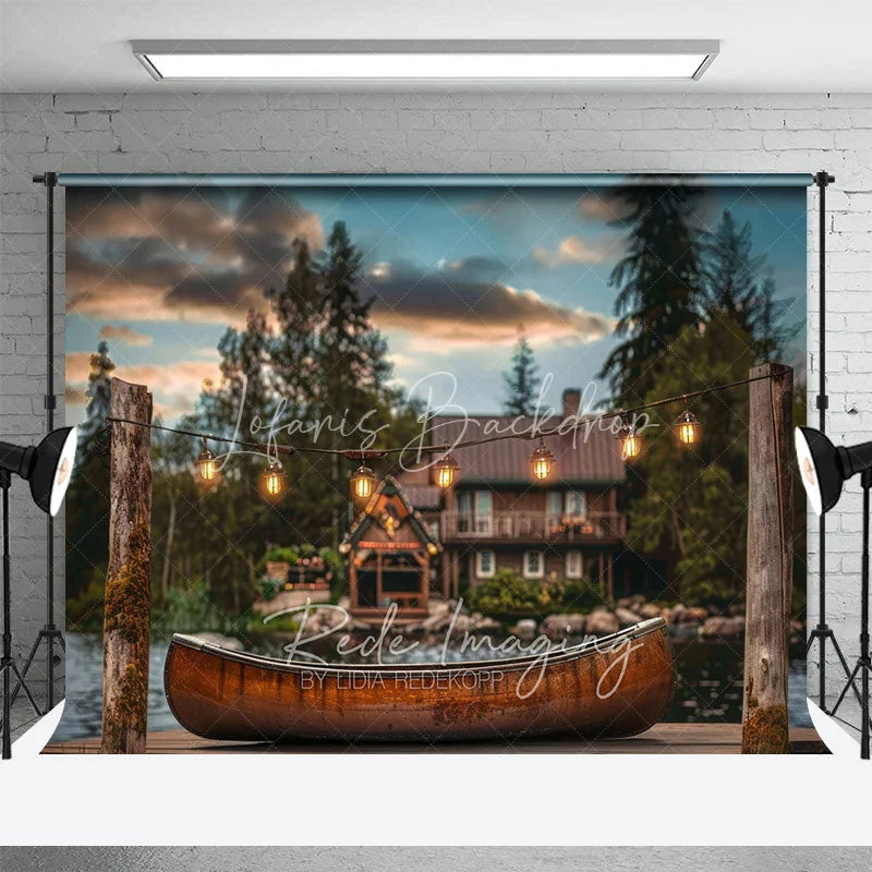 Lofaris Lake Cabin Sunset Backdrop Wooden Canoe and Glowing String Lights Photography Background for Summer Camp