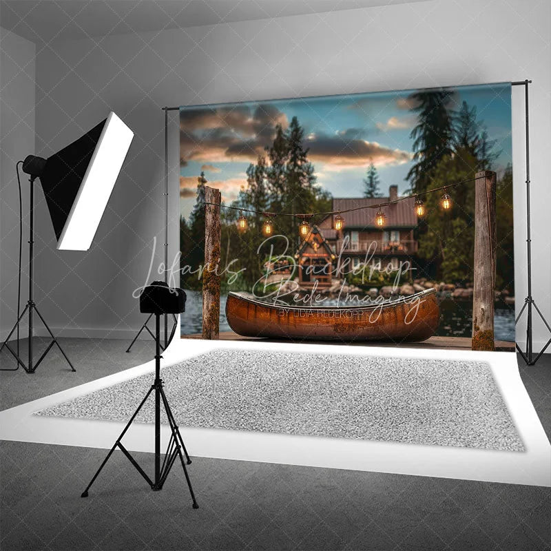 Lofaris Lake Cabin Sunset Backdrop Wooden Canoe and Glowing String Lights Photography Background for Summer Camp