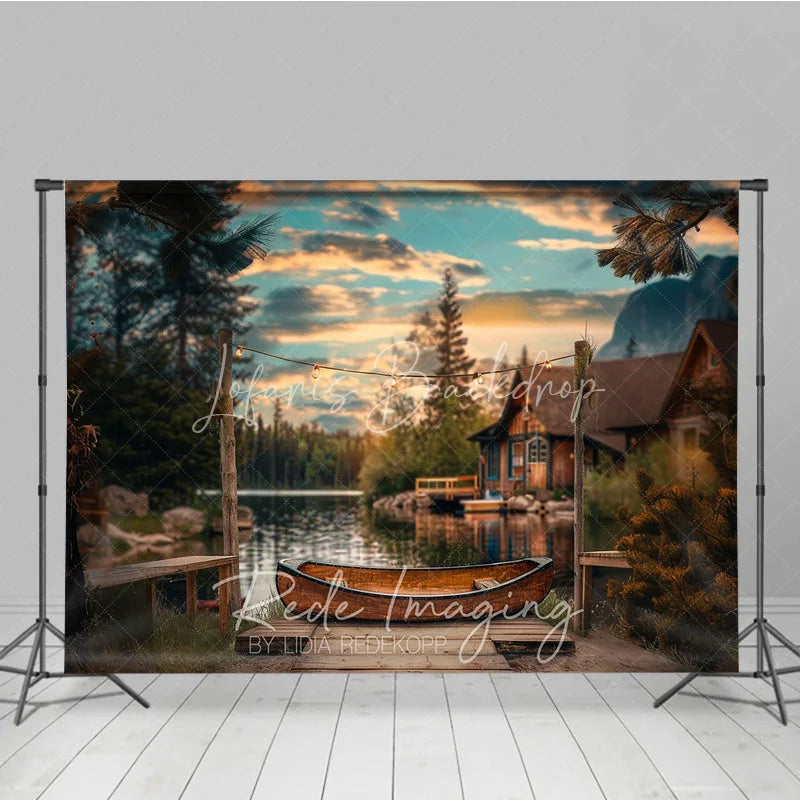 Lofaris Lake Sunset Wooden Canoe Photography Backdrop Rustic Cabin and String Lights Studio Background