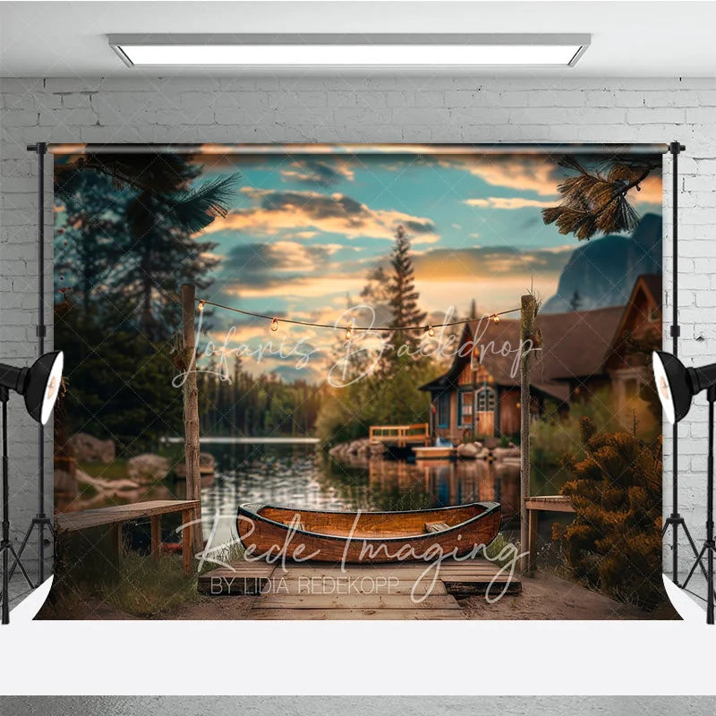 Lofaris Lake Sunset Wooden Canoe Photography Backdrop Rustic Cabin and String Lights Studio Background