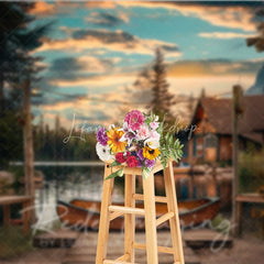 Lofaris Lake Sunset Wooden Canoe Photography Backdrop Rustic Cabin and String Lights Studio Background