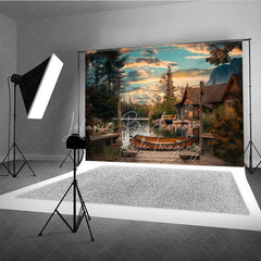 Lofaris Lake Sunset Wooden Canoe Photography Backdrop Rustic Cabin and String Lights Studio Background