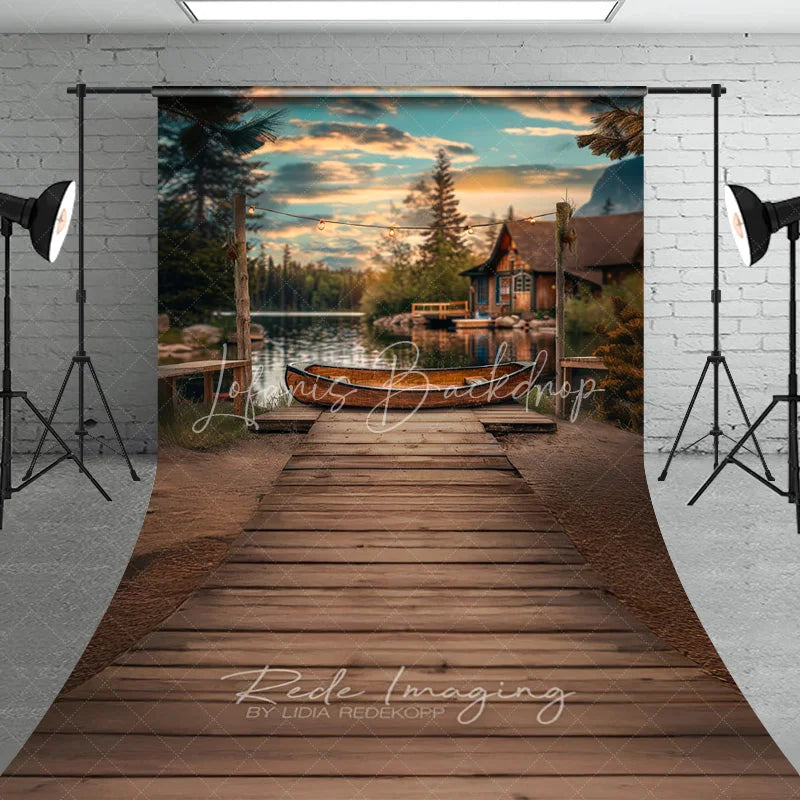 Lofaris Lake Sunset Wooden Canoe Photography Backdrop Rustic Cabin and String Lights Sweep Studio Background