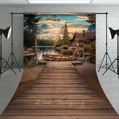 Lofaris Lake Sunset Wooden Canoe Photography Backdrop Rustic Cabin and String Lights Sweep Studio Background