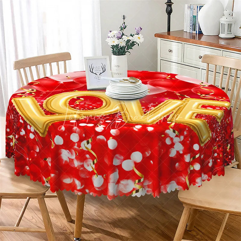 Lofaris Large Gold Love Round Tablecloth Red Bokeh Light Valentine Table Cover for Wedding