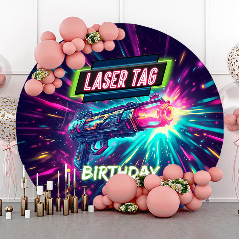 Lofaris Laser Tag Birthday Bash Round Backdrop Neon Glow Battle Zone Party Banner Fun Game Night Photo Prop for Boys