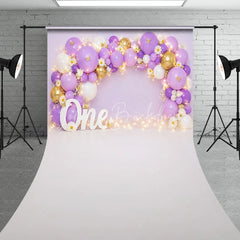 Lofaris Lavender and Gold Balloons First Birthday Sweep Backdrop One Year Old Party with Daisy Flowers Fairy Lights Decor