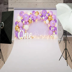 Lofaris Lavender and Gold Balloons First Birthday Sweep Backdrop One Year Old Party with Daisy Flowers Fairy Lights Decor