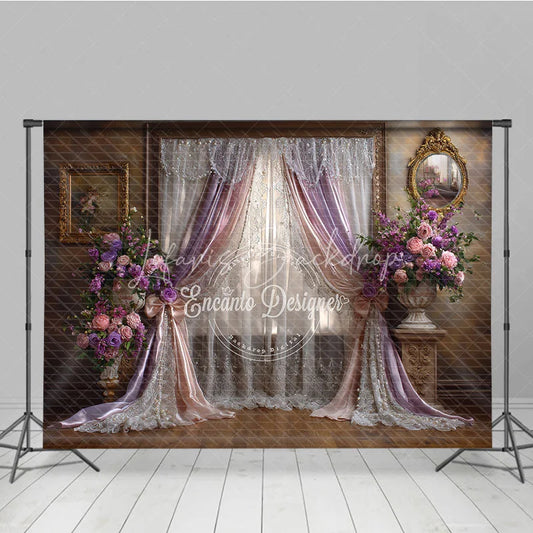 Lofaris Lavender and Pink Floral Drapes Photography Backdrop Vintage Window Scene for Romantic Portraits Events