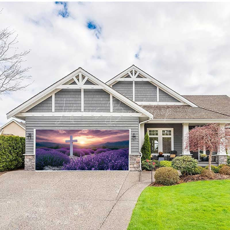 Lofaris Lavender Flower Sea Cross Easter Garage Door Banner