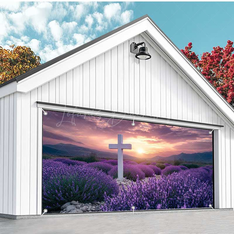 Lofaris Lavender Flower Sea Cross Easter Garage Door Banner